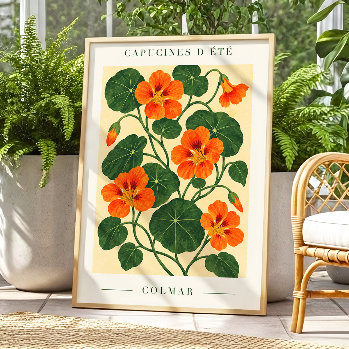 Summer Nasturtiums, orange, green, beige floral wall art displayed in a styled interior, gallery view 9