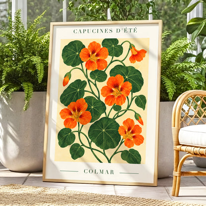 Summer Nasturtiums, orange, green, beige floral wall art displayed in a styled interior, gallery view 9