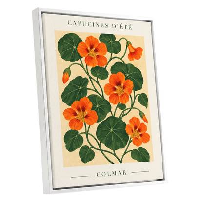 Summer Nasturtiums, orange, green, beige floral wall art shown as a white framed canvas wall art