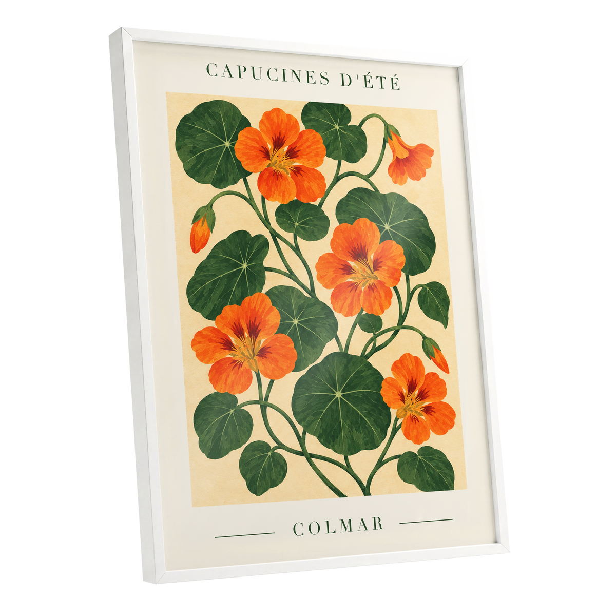 Summer Nasturtiums, orange, green, beige floral wall art shown as a white framed poster wall art print