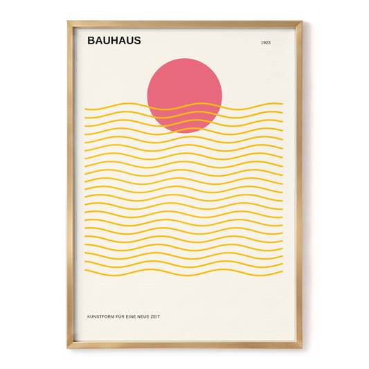 Sun Over Golden Waves, beige, gold, pink minimalist wall art, front artwork view