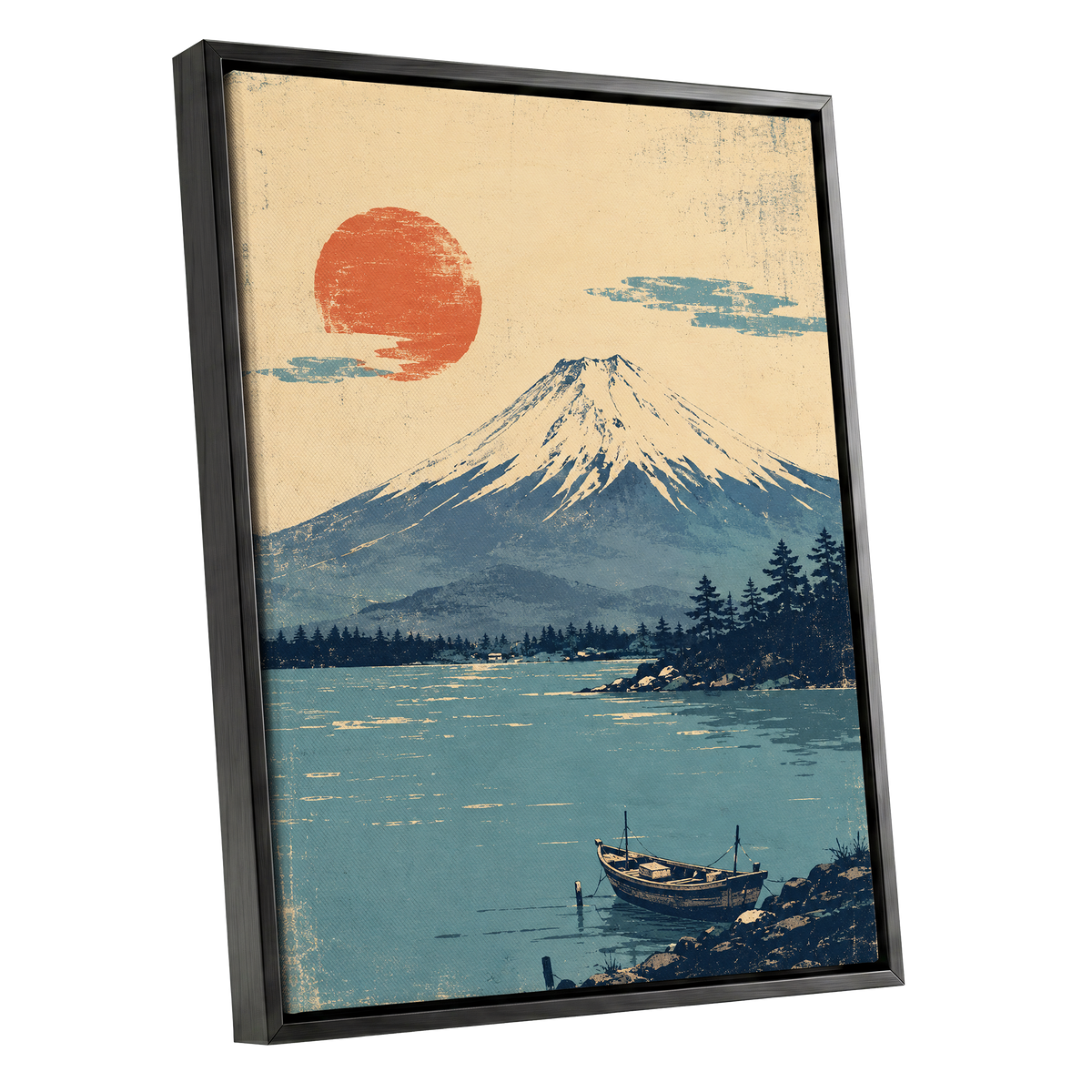 Sun Over Silent Waters, blue, beige, orange nature wall art shown as a black framed canvas wall art