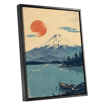 Sun Over Silent Waters, blue, beige, orange nature wall art shown as a black framed canvas wall art