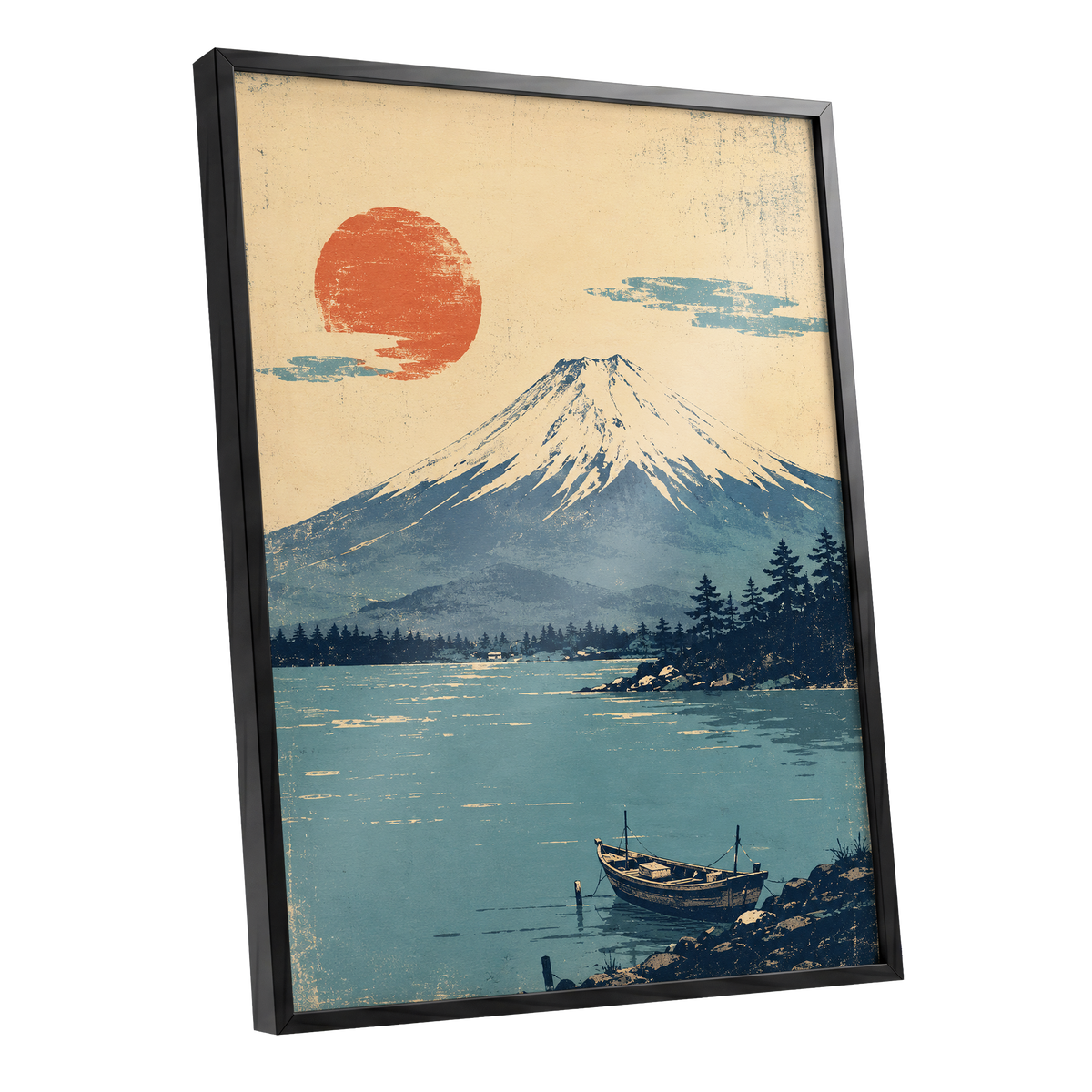 Sun Over Silent Waters, blue, beige, orange nature wall art shown as a black framed poster wall art print