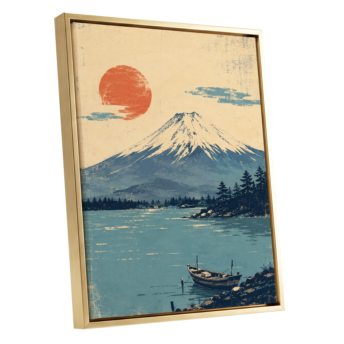 Sun Over Silent Waters, blue, beige, orange nature wall art shown as a gold framed canvas wall art