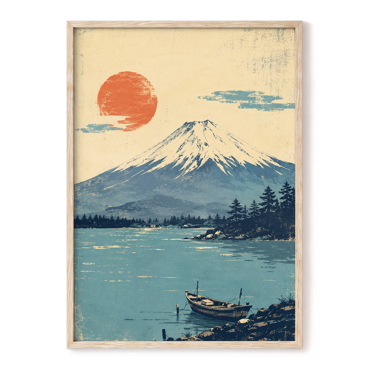 Sun Over Silent Waters, blue, beige, orange nature wall art, front artwork view