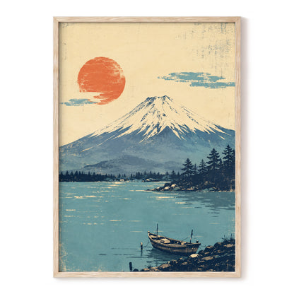 Sun Over Silent Waters, blue, beige, orange nature wall art, front artwork view