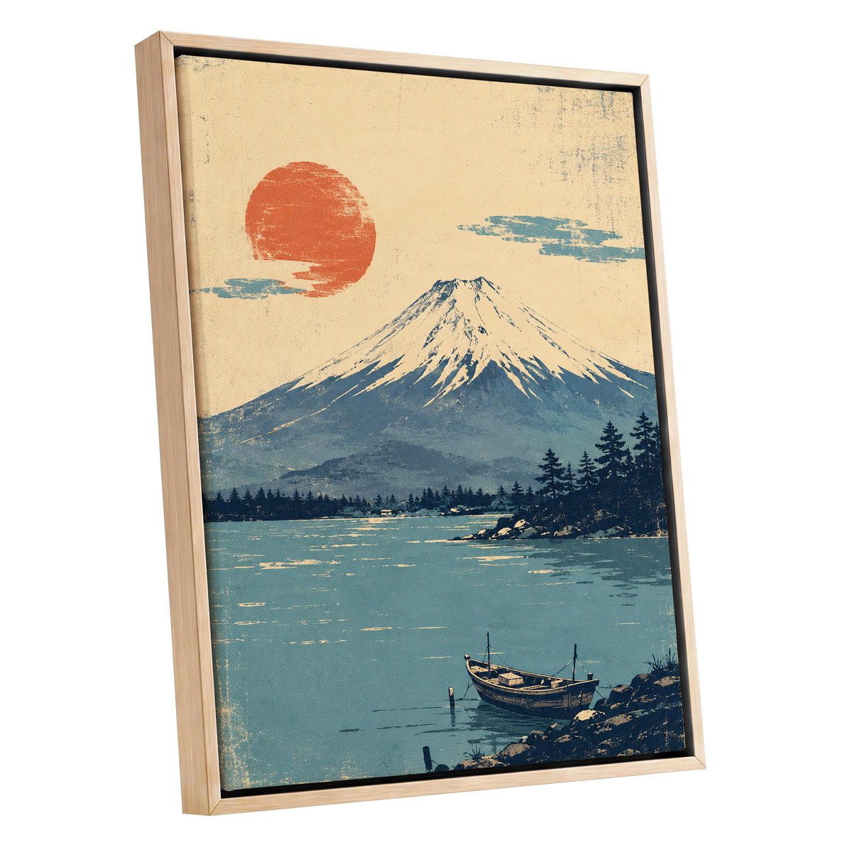 Sun Over Silent Waters, blue, beige, orange nature wall art shown as a oak framed canvas wall art