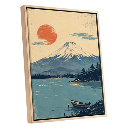 Sun Over Silent Waters, blue, beige, orange nature wall art shown as a oak framed canvas wall art
