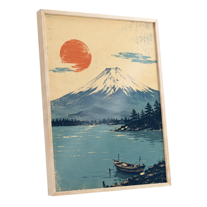 Sun Over Silent Waters, blue, beige, orange nature wall art shown as a oak framed poster wall art print