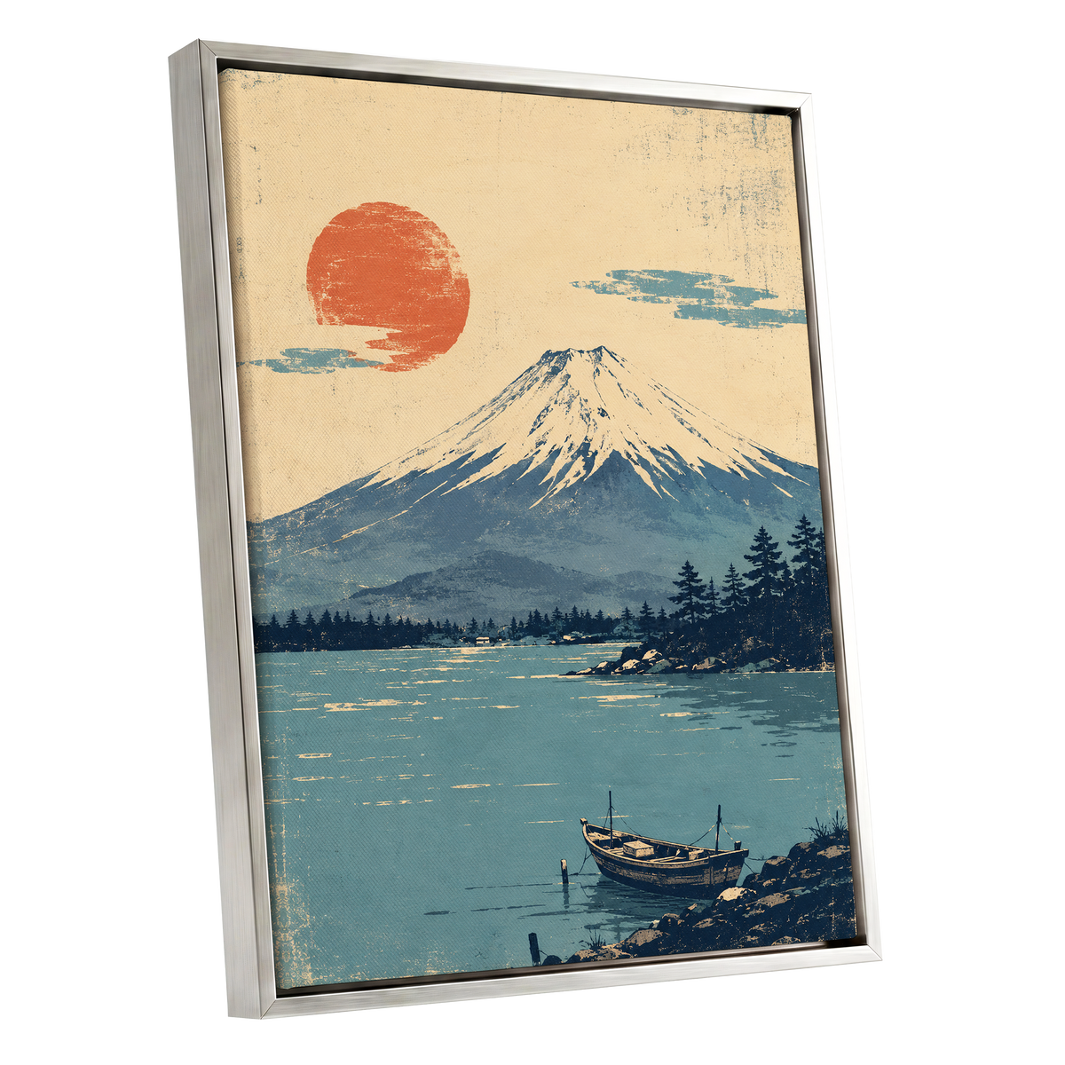 Sun Over Silent Waters, blue, beige, orange nature wall art shown as a silver framed canvas wall art