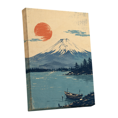 Sun Over Silent Waters, blue, beige, orange nature wall art shown as a stretched canvas wall art