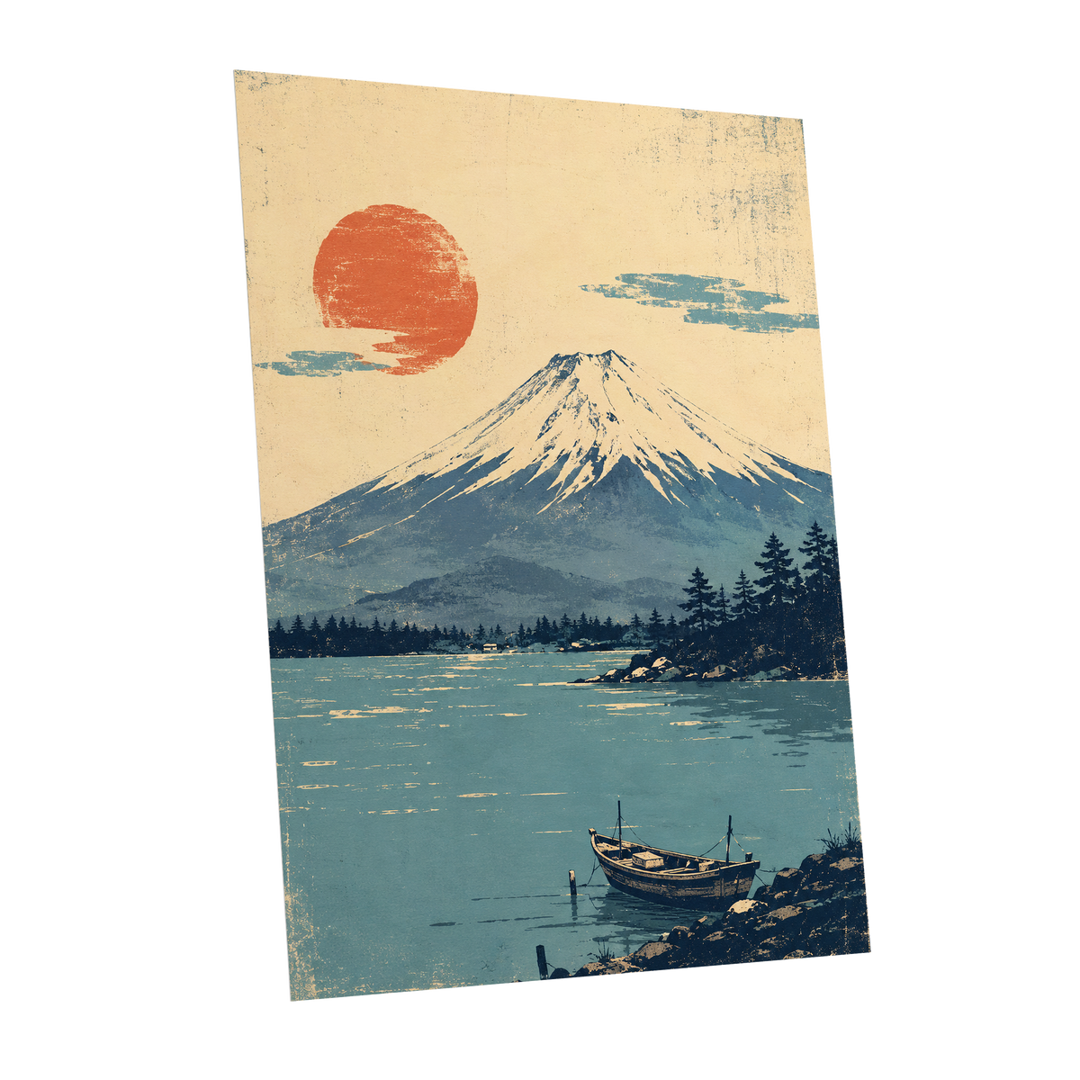 Sun Over Silent Waters, blue, beige, orange nature wall art shown as a unframed poster wall art print