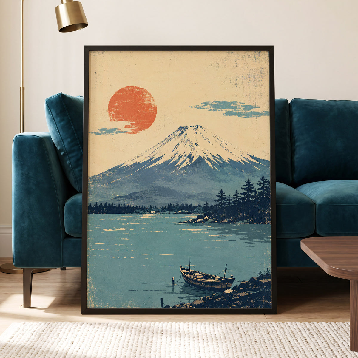 Sun Over Silent Waters, blue, beige, orange nature wall art displayed in a styled interior, gallery view 2