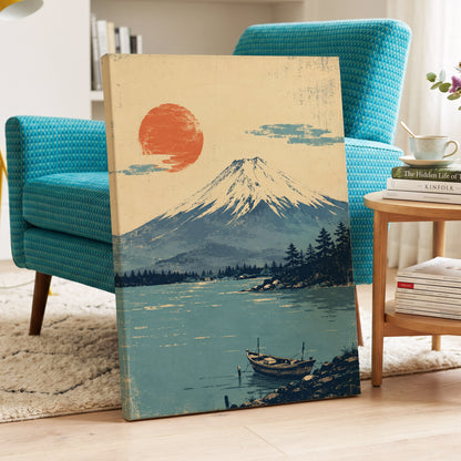 Sun Over Silent Waters, blue, beige, orange nature wall art displayed in a styled interior, gallery view 3