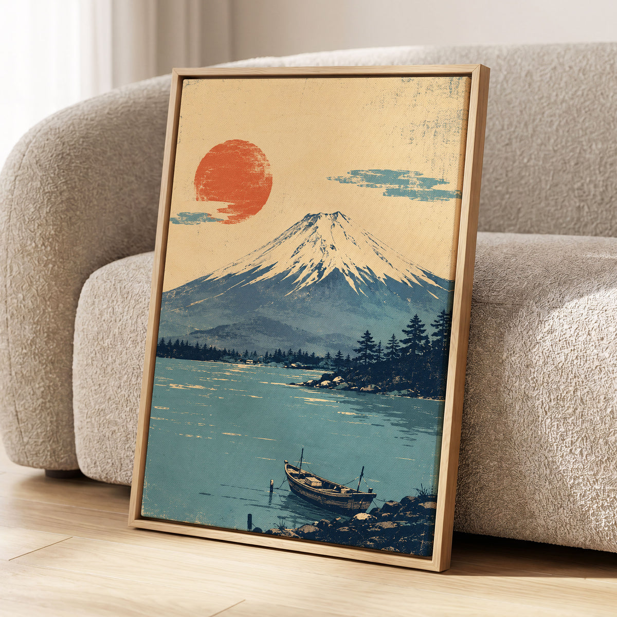 Sun Over Silent Waters, blue, beige, orange nature wall art displayed in a styled interior, gallery view 4