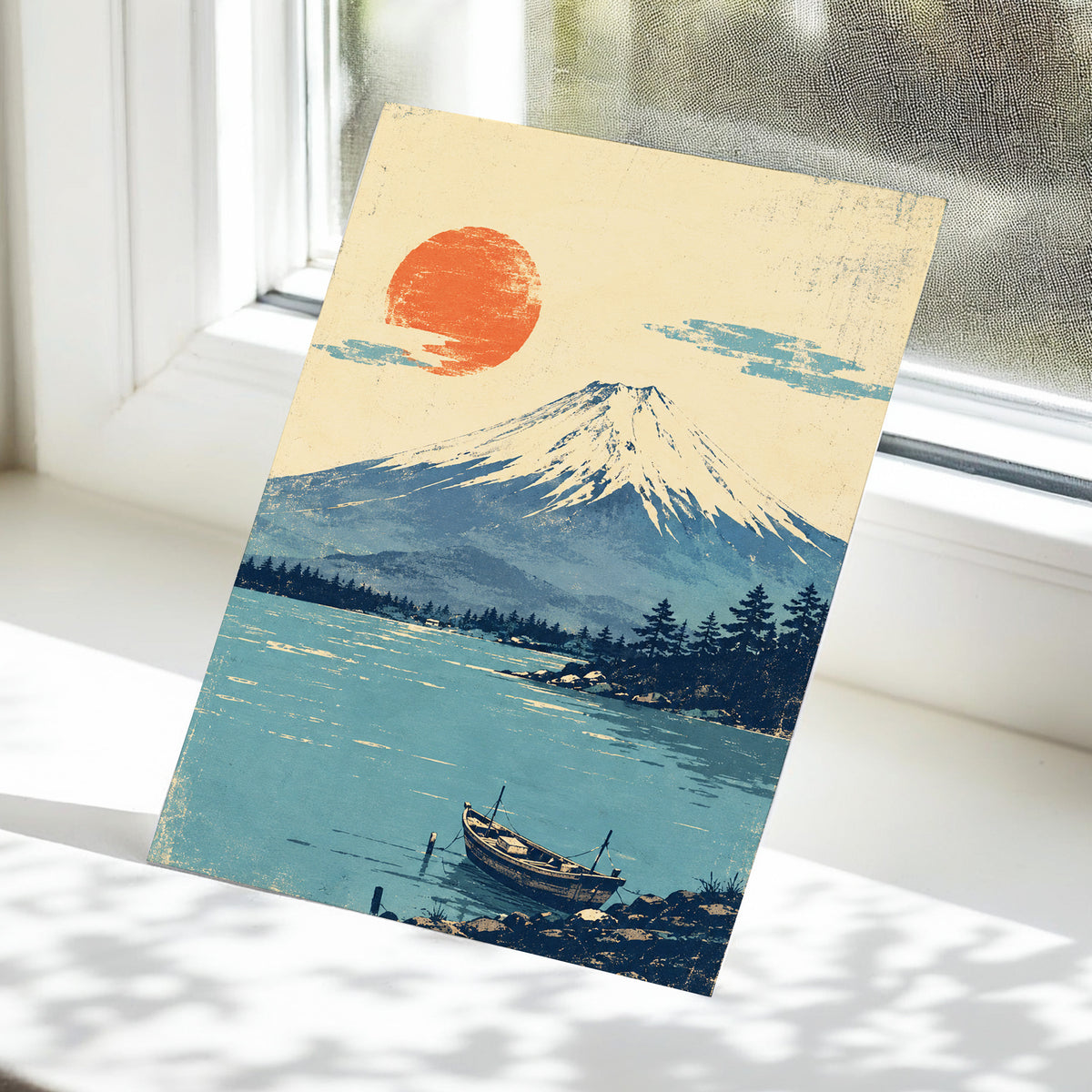 Sun Over Silent Waters, blue, beige, orange nature wall art displayed in a styled interior, gallery view 5