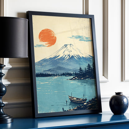 Sun Over Silent Waters, blue, beige, orange nature wall art displayed in a styled interior, gallery view 6