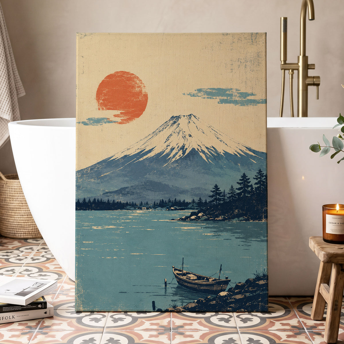 Sun Over Silent Waters, blue, beige, orange nature wall art displayed in a styled interior, gallery view 7