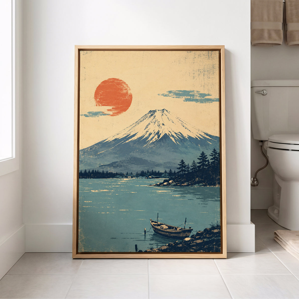 Sun Over Silent Waters, blue, beige, orange nature wall art displayed in a styled interior, gallery view 8