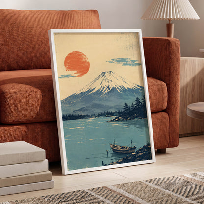 Sun Over Silent Waters, blue, beige, orange nature wall art displayed in a styled interior, gallery view 9
