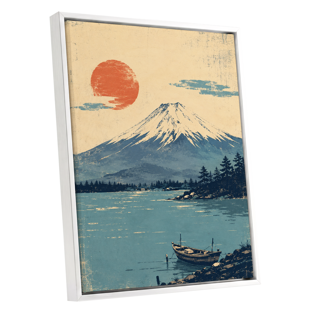 Sun Over Silent Waters, blue, beige, orange nature wall art shown as a white framed canvas wall art