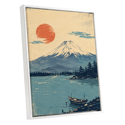 Sun Over Silent Waters, blue, beige, orange nature wall art shown as a white framed canvas wall art