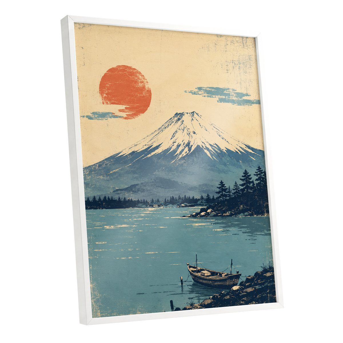 Sun Over Silent Waters, blue, beige, orange nature wall art shown as a white framed poster wall art print