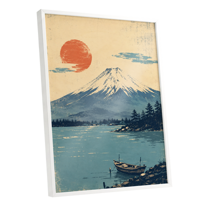 Sun Over Silent Waters, blue, beige, orange nature wall art shown as a white framed poster wall art print