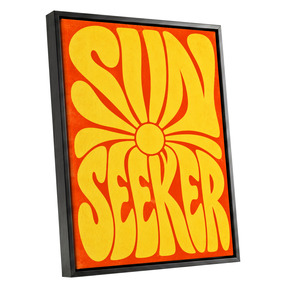 Sun Seeker Glow, yellow, orange abstract wall art shown as a black framed canvas wall art