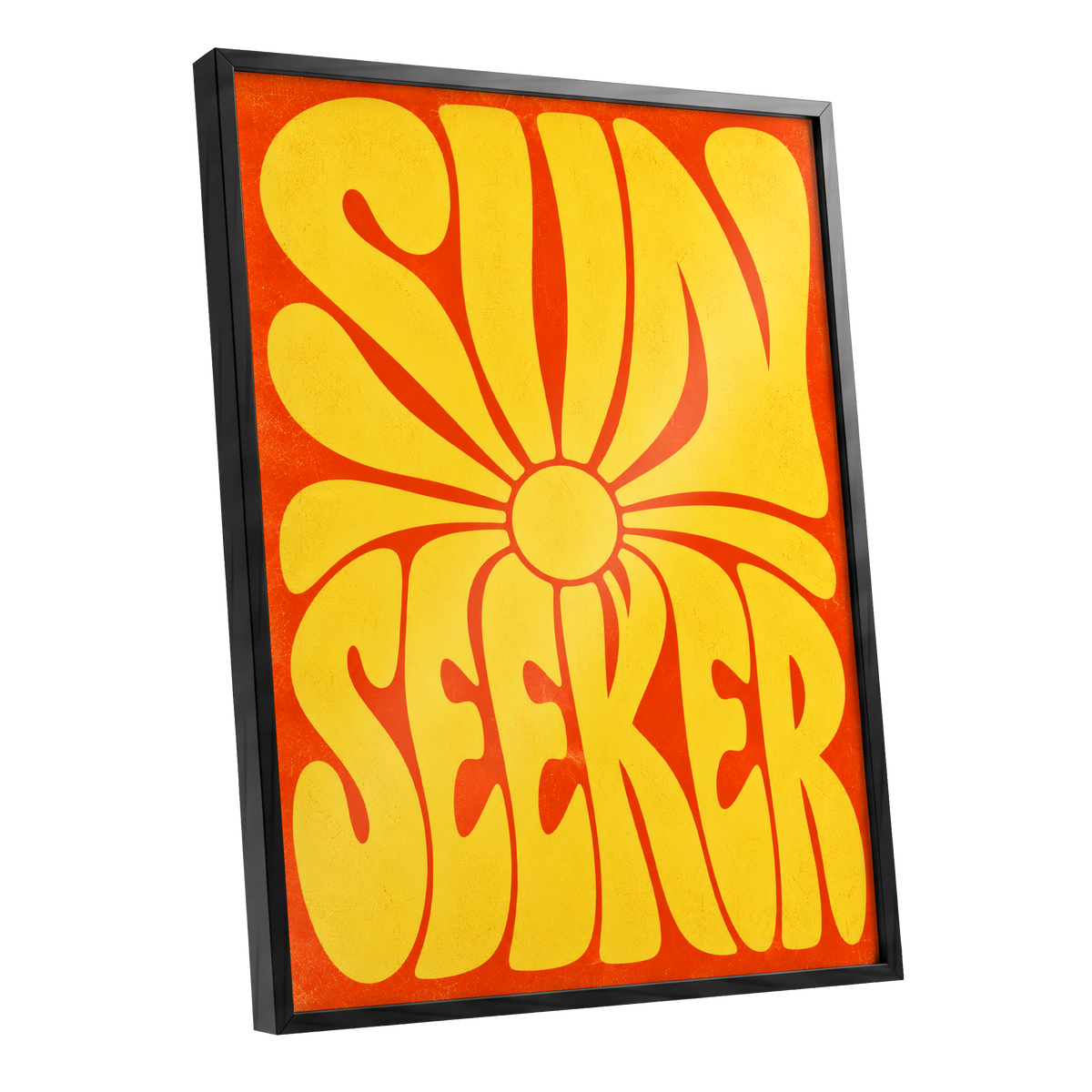 Sun Seeker Glow, yellow, orange abstract wall art shown as a black framed poster wall art print