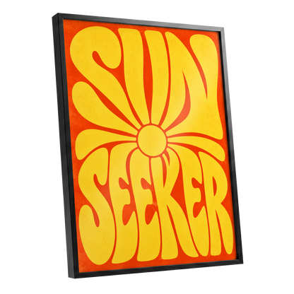 Sun Seeker Glow, yellow, orange abstract wall art shown as a black framed poster wall art print