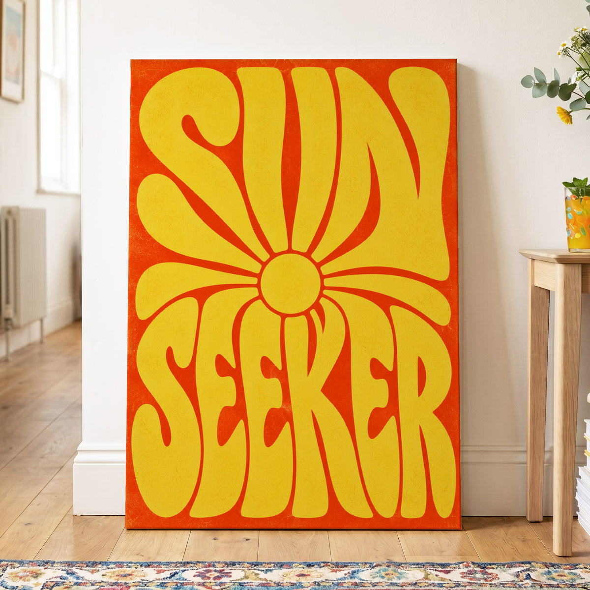 Sun Seeker Glow, yellow, orange abstract wall art on canvas displayed in a styled interior, gallery view 1