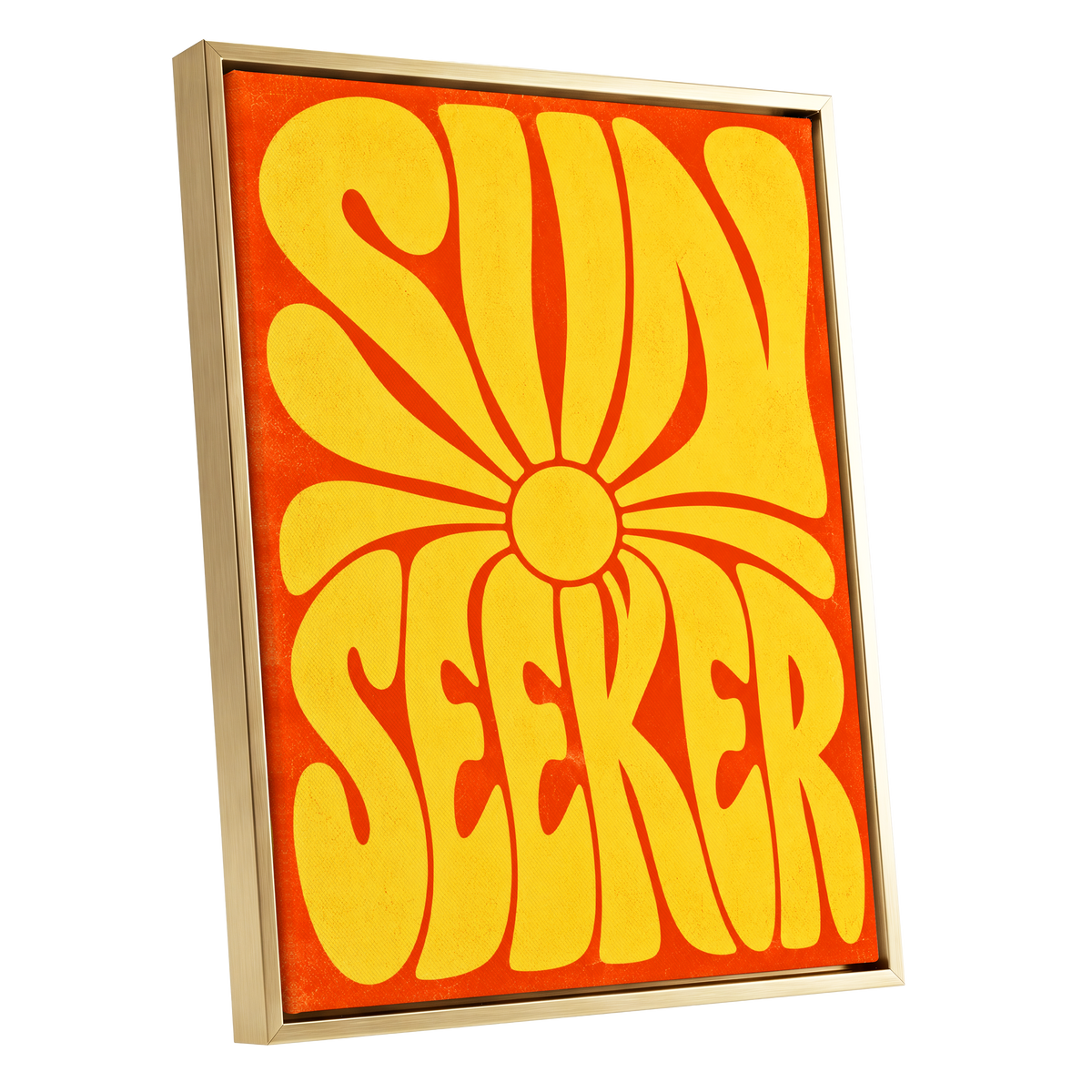 Sun Seeker Glow, yellow, orange abstract wall art shown as a gold framed canvas wall art