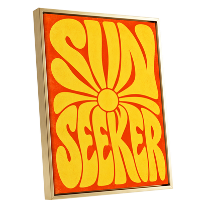 Sun Seeker Glow, yellow, orange abstract wall art shown as a gold framed canvas wall art