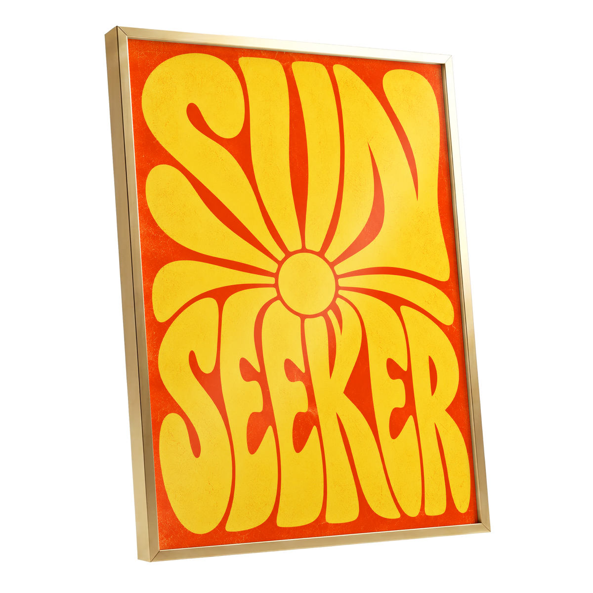 Sun Seeker Glow, yellow, orange abstract wall art shown as a gold framed poster wall art print