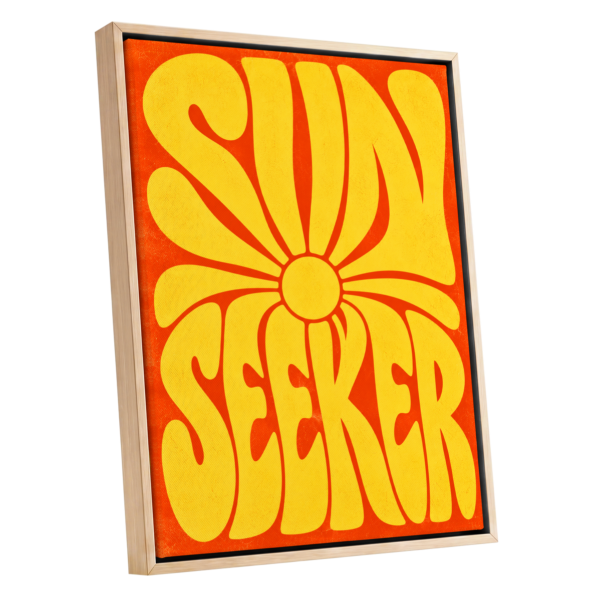 Sun Seeker Glow, yellow, orange abstract wall art shown as a oak framed canvas wall art
