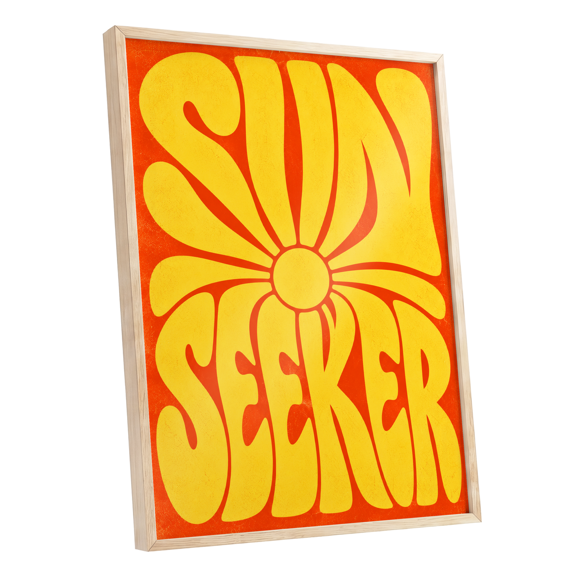 Sun Seeker Glow, yellow, orange abstract wall art shown as a oak framed poster wall art print