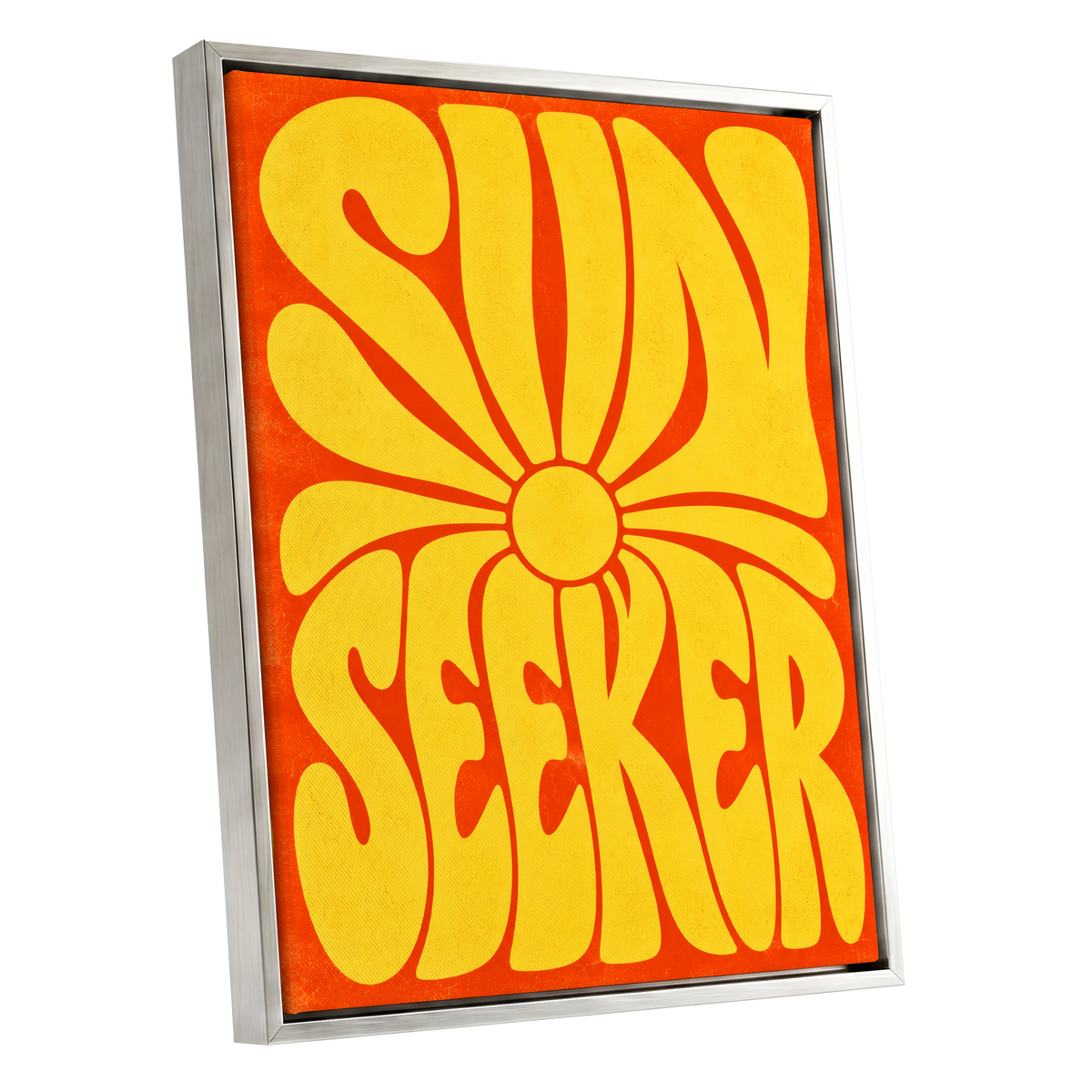 Sun Seeker Glow, yellow, orange abstract wall art shown as a silver framed canvas wall art