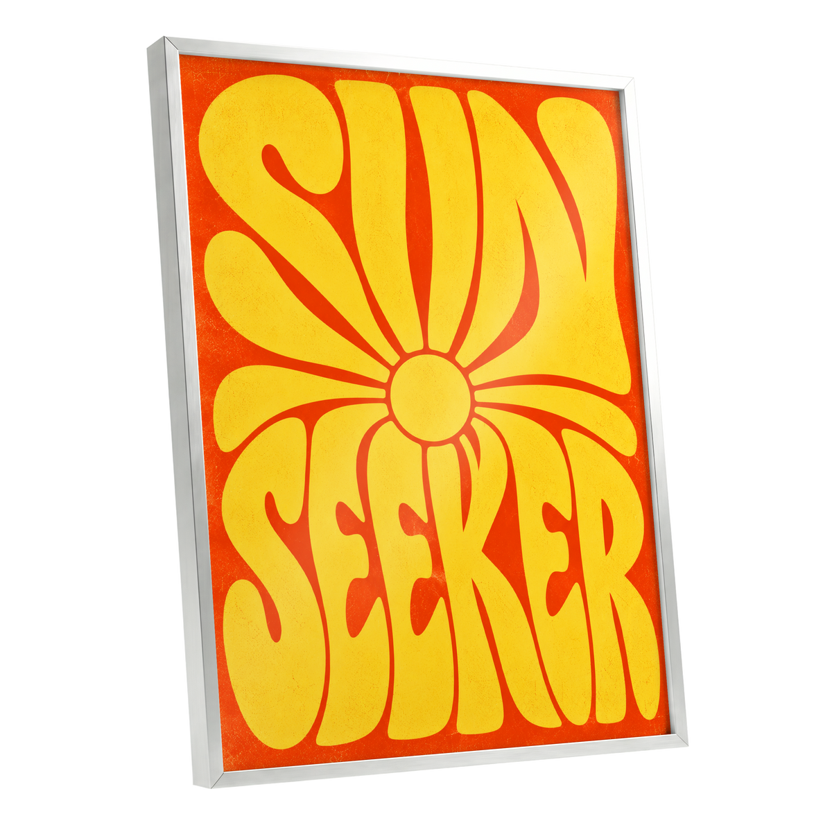 Sun Seeker Glow, yellow, orange abstract wall art shown as a silver framed poster wall art print