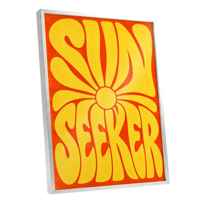 Sun Seeker Glow, yellow, orange abstract wall art shown as a silver framed poster wall art print