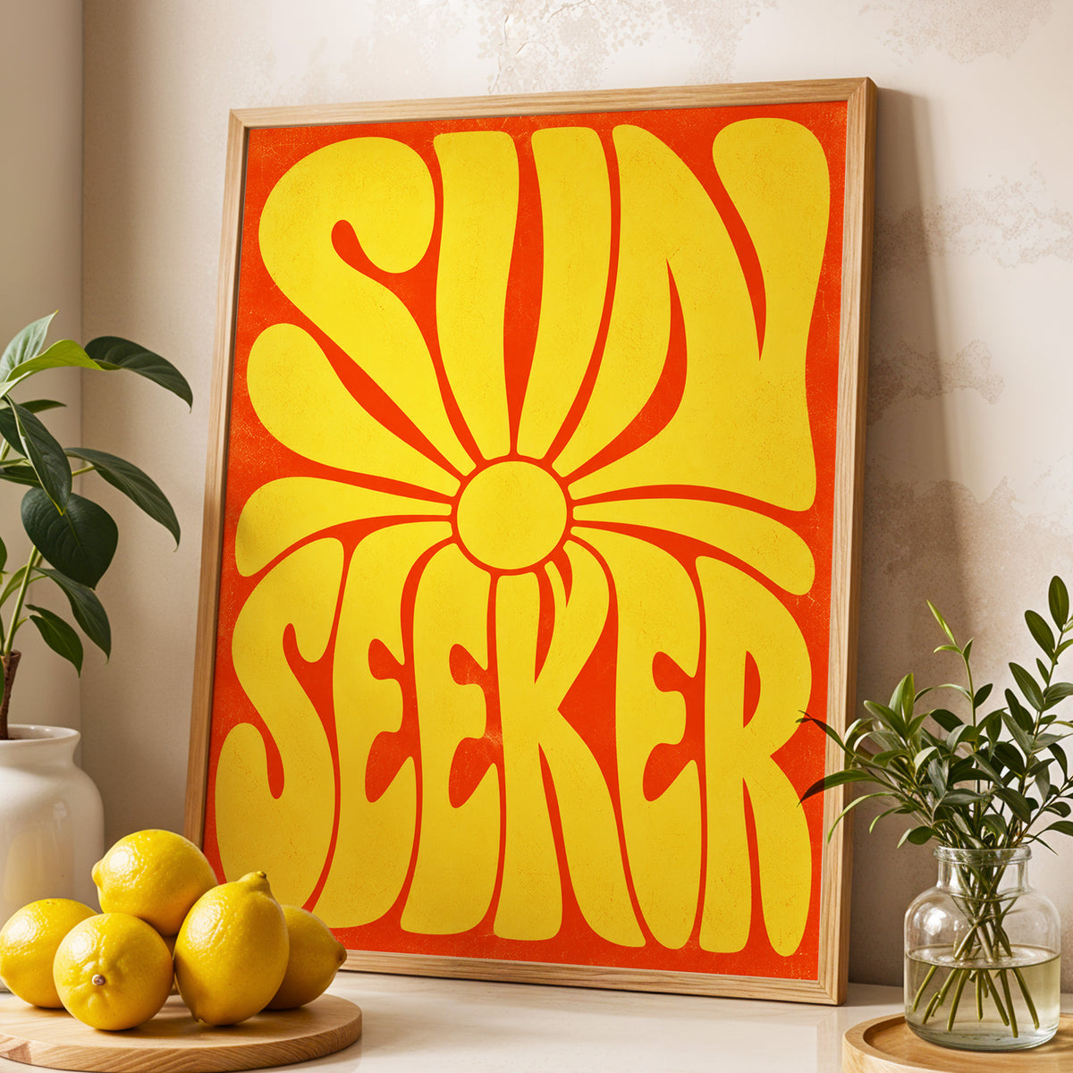 Sun Seeker Glow, yellow, orange abstract wall art displayed in a styled interior, gallery view 3