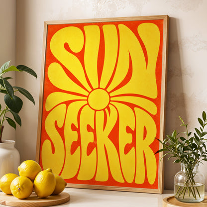 Sun Seeker Glow, yellow, orange abstract wall art displayed in a styled interior, gallery view 3