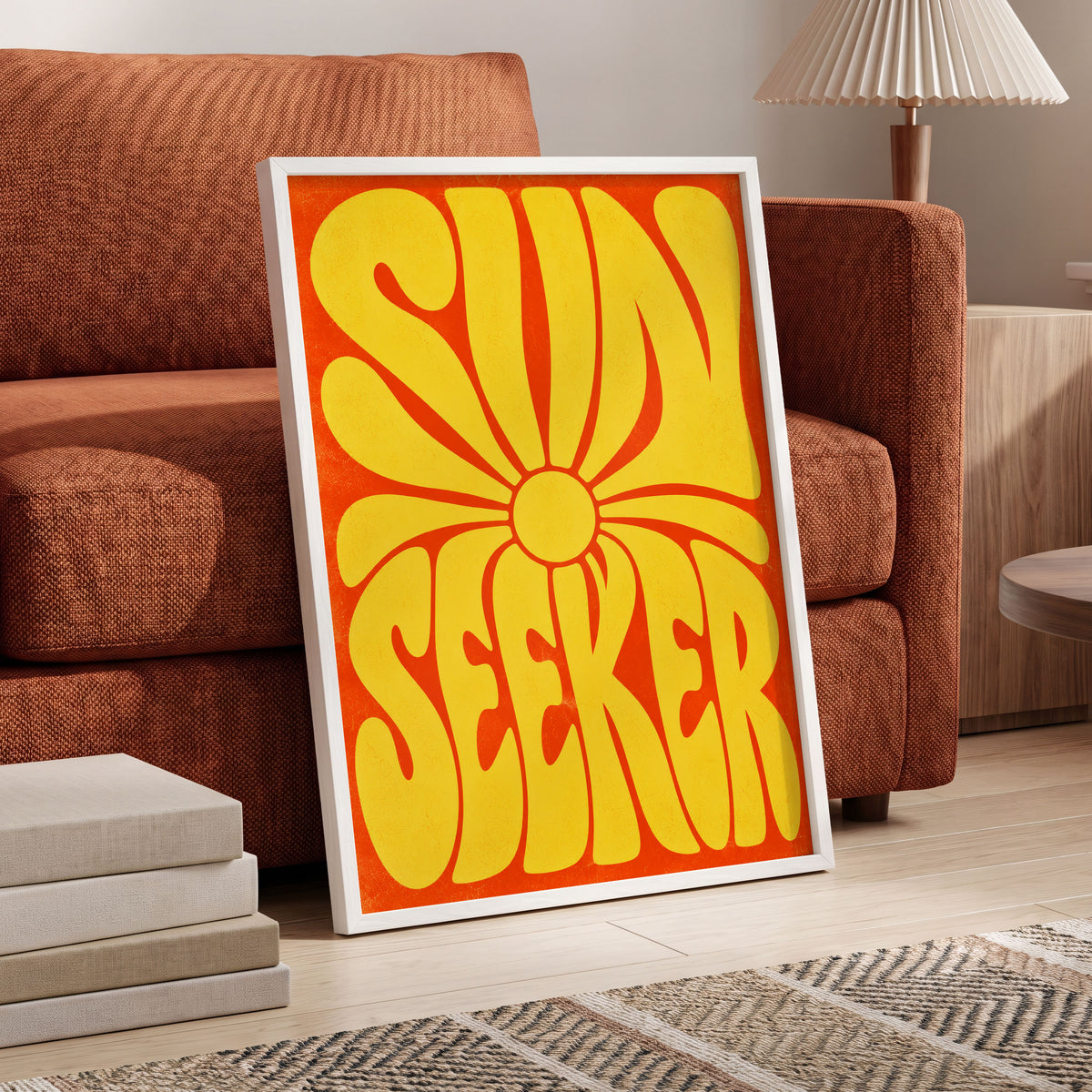 Sun Seeker Glow, yellow, orange abstract wall art displayed in a styled interior, gallery view 5