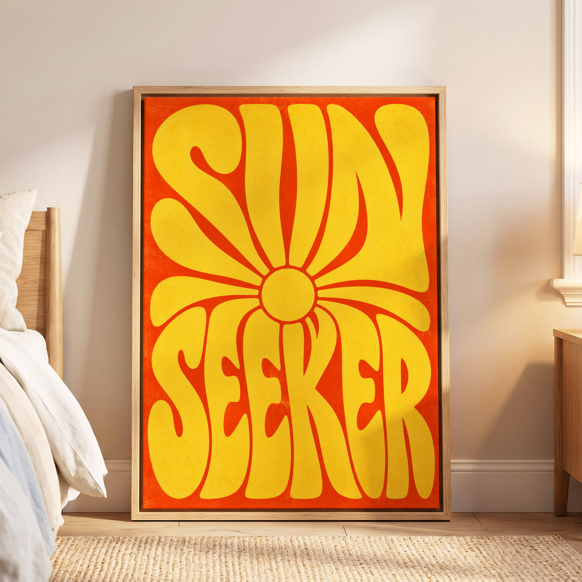 Sun Seeker Glow, yellow, orange abstract wall art displayed in a styled interior, gallery view 6
