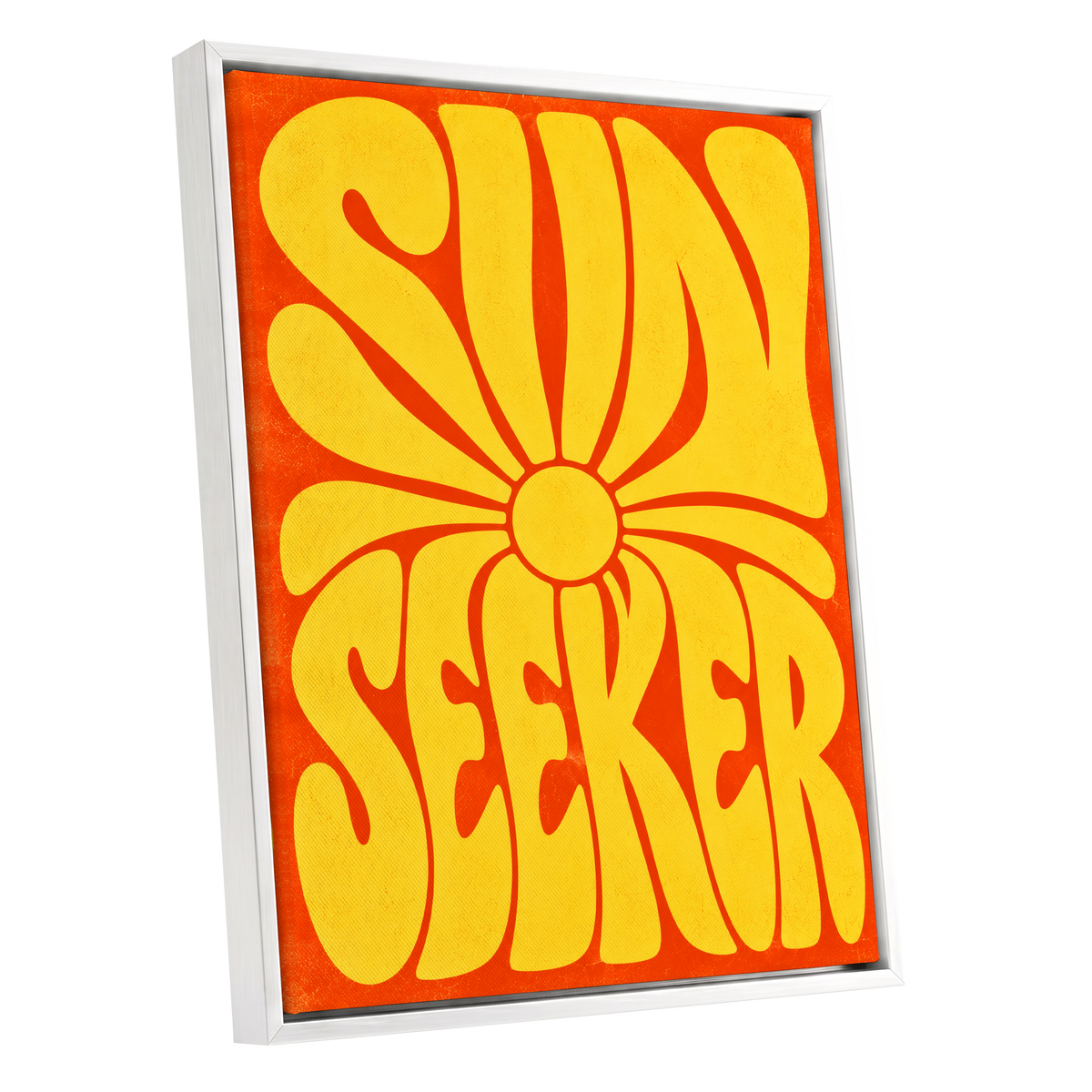 Sun Seeker Glow, yellow, orange abstract wall art shown as a white framed canvas wall art