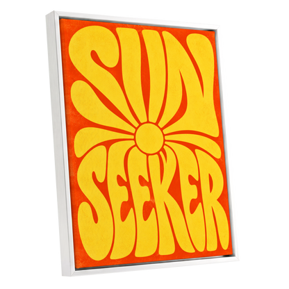 Sun Seeker Glow, yellow, orange abstract wall art shown as a white framed canvas wall art