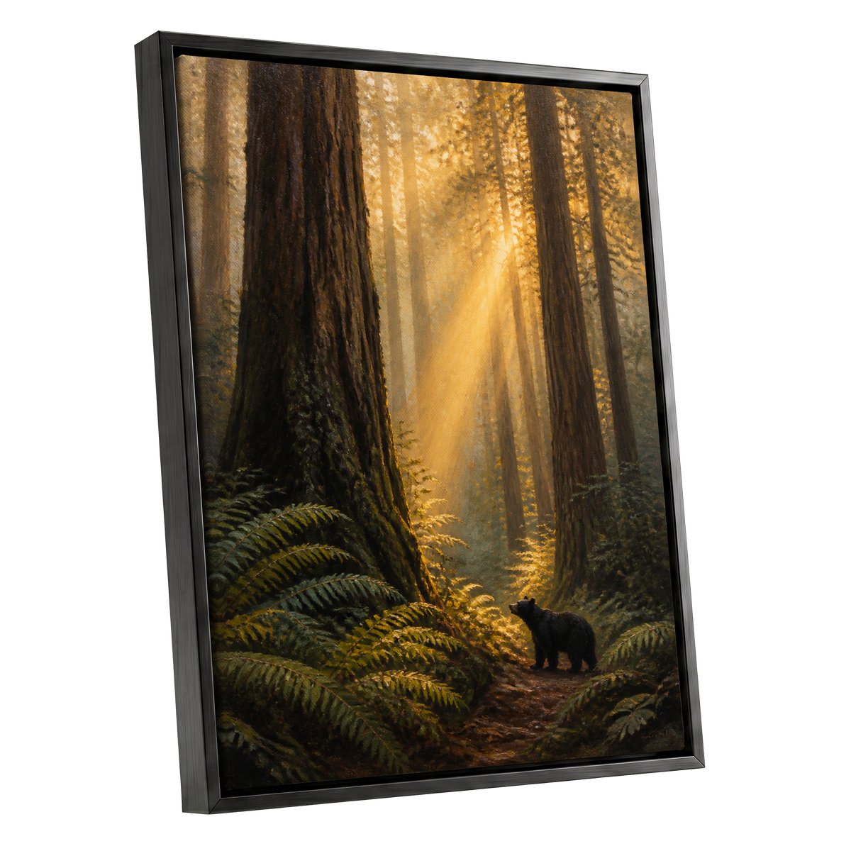 Sunbeams Among Giants, brown, gold, green nature wall art shown as a black framed canvas wall art