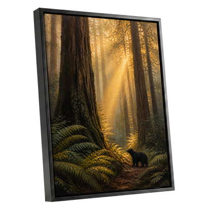 Sunbeams Among Giants, brown, gold, green nature wall art shown as a black framed canvas wall art