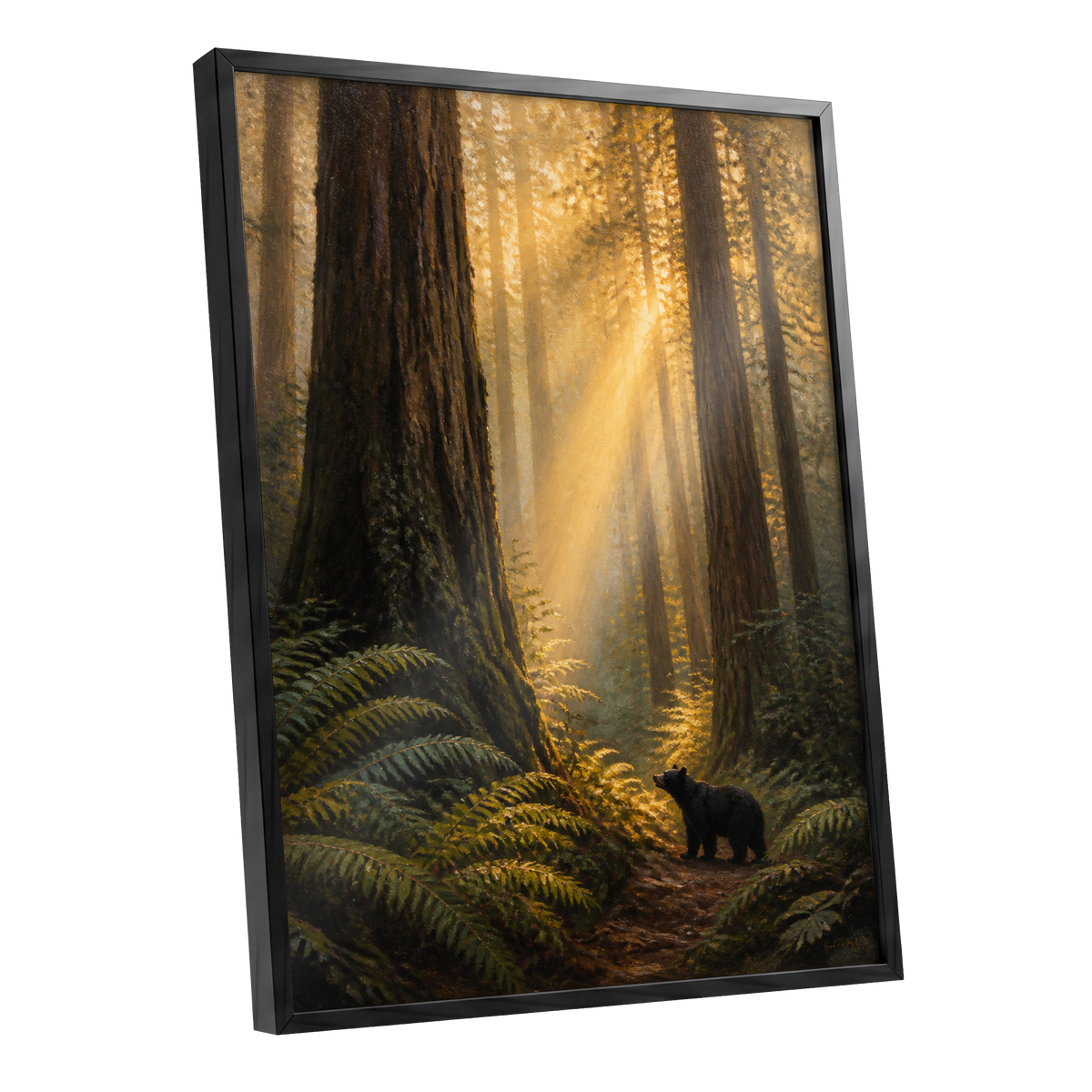 Sunbeams Among Giants, brown, gold, green nature wall art shown as a black framed poster wall art print